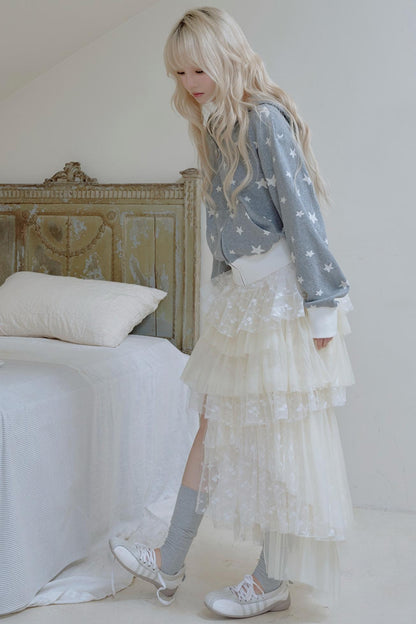 Beige Lace Patchwork Chiffon Skirt