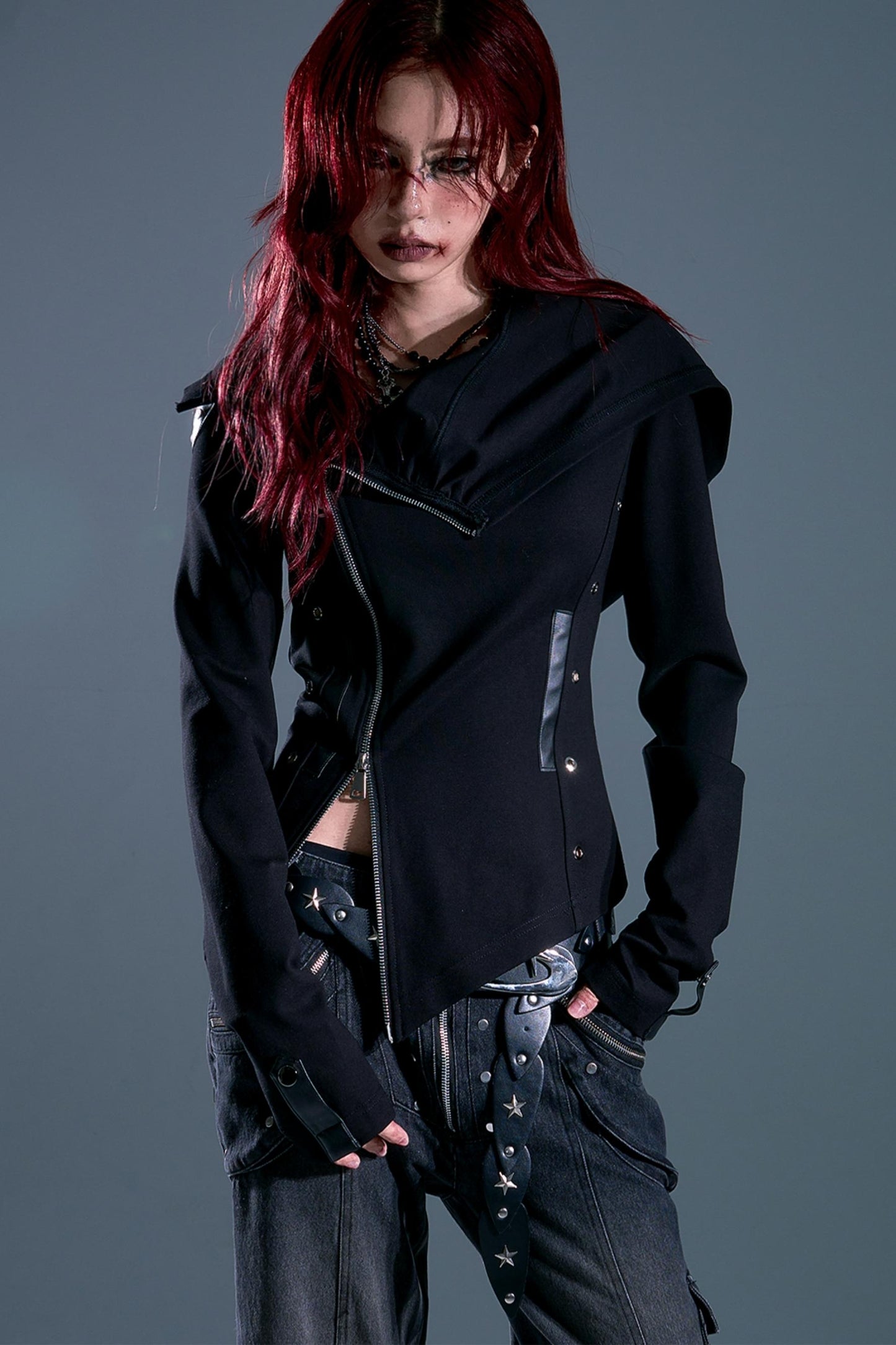 Hooded Asymmetrical Zip Knit Top