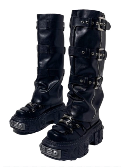 Y2K Punk Style Triple Belt Volume Sole Long Boots