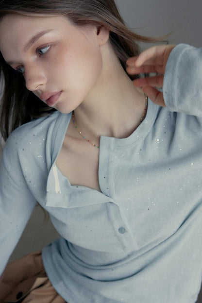 Henry Collar Design Loose Sequin T-shirt