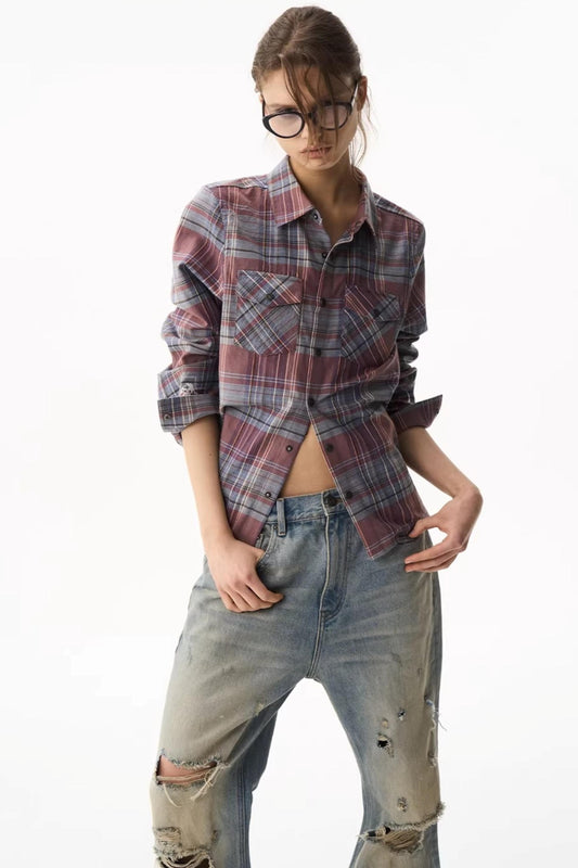 Exitmode Short Plaid Embroidered Shirt