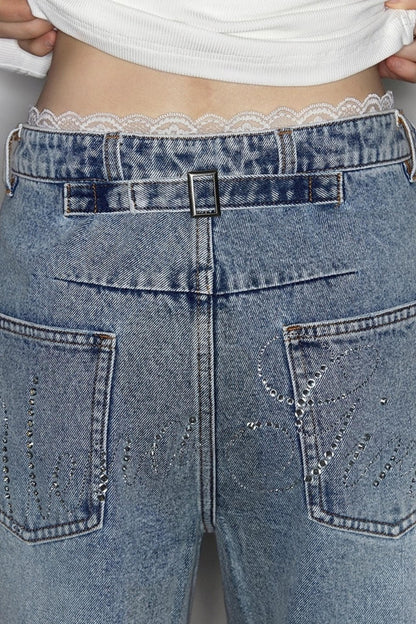 Distressed Lace Waist Loose Jeans
