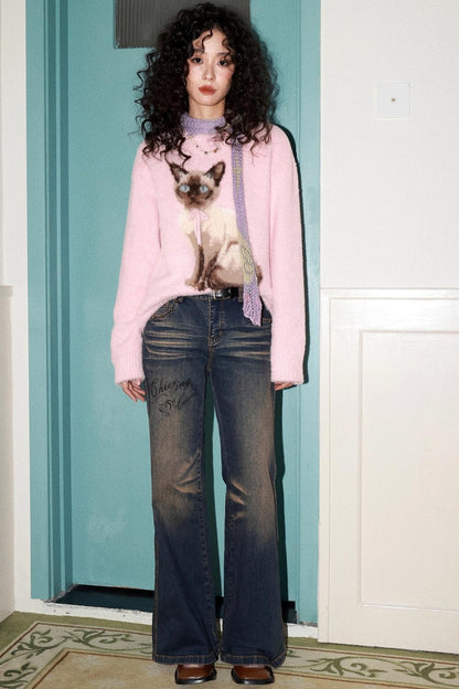 Pink Cat Imitation Mink Sweater
