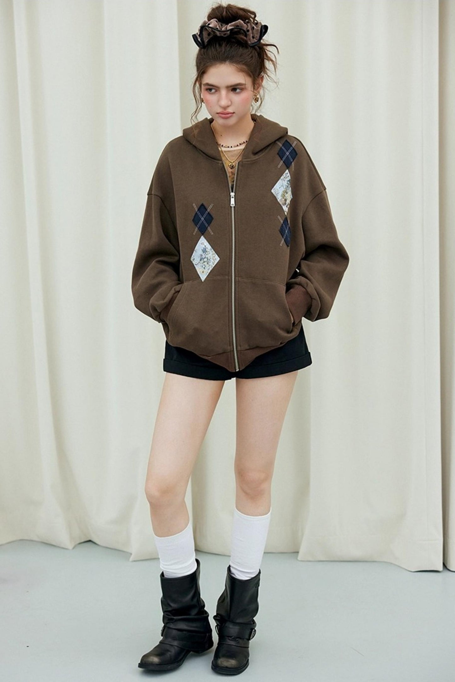 Diamond Check Hooded Cardigan