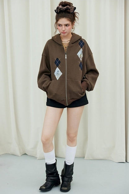 Diamond Check Hooded Cardigan