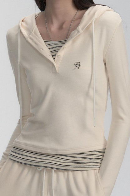 V-Neck Fake Layered Casual Hoodie Set-Up