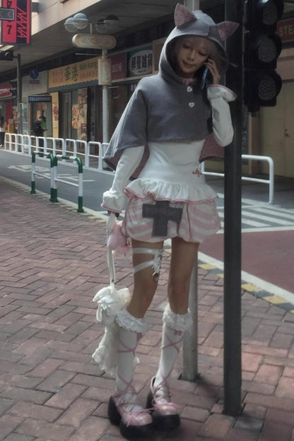 Cute Gray-Pink Cat Ears Hooded Coat