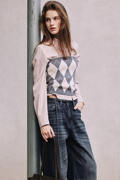 Striped Asymmetrical Slanted Placket Shirt Set-Up