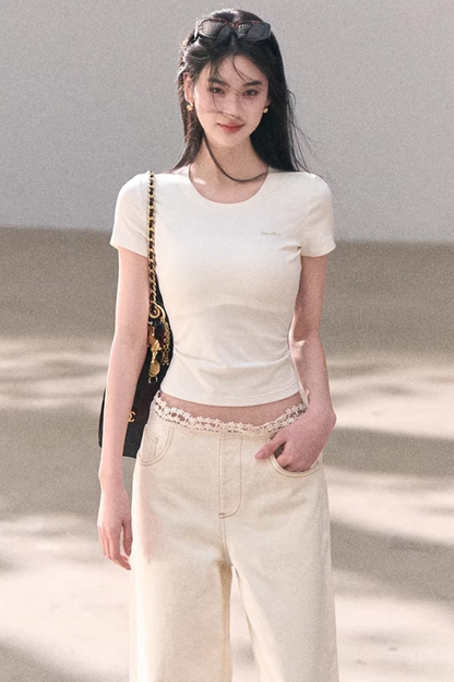 Contrast Embroidered Ruched Top