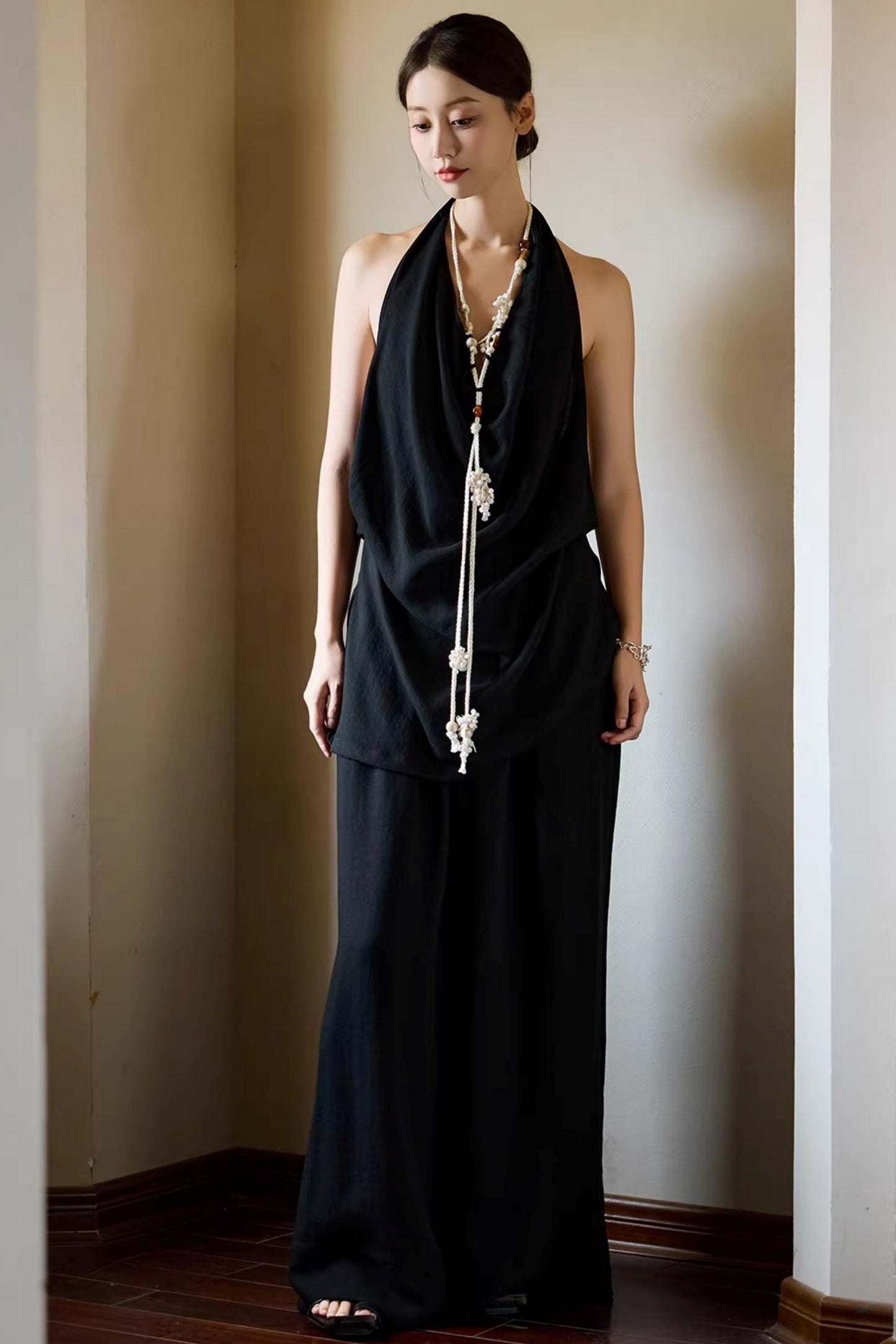 Black Beaded Halter Vest