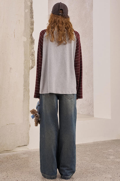 Bear Print Striped Long Sleeve T-Shirt