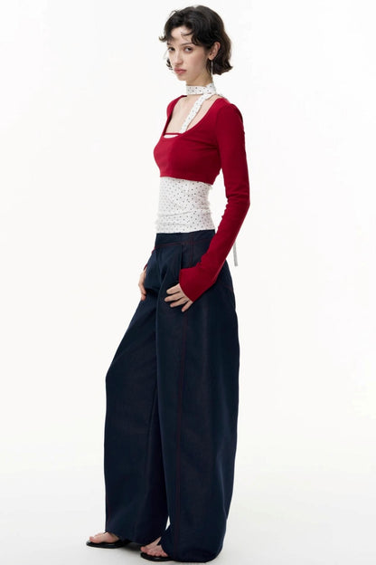 Contrast Long-Sleeved Top With Bandeau Set