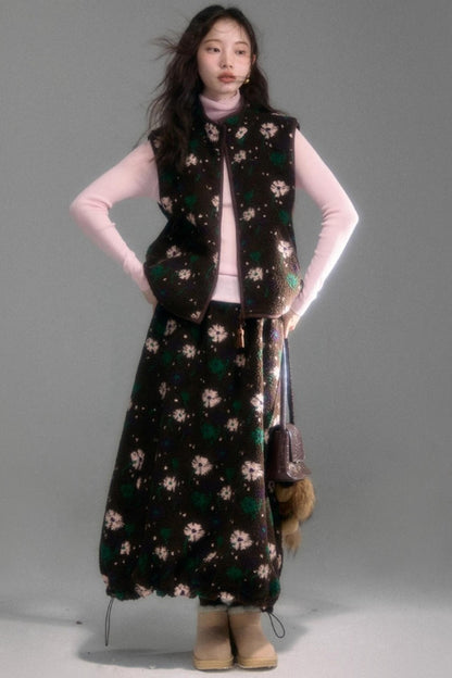 Floral Faux Lamb Wool Vest Jacket Set-Up