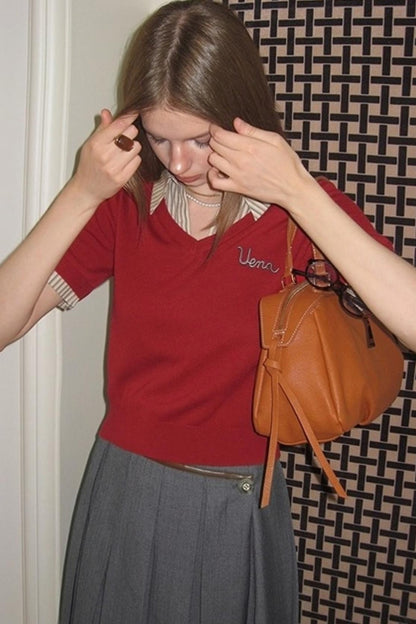 Embroidered Striped Collar Fake Two Piece T-Shirt