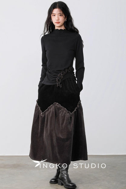 Gray Coffee Spliced Corduroy Skirt