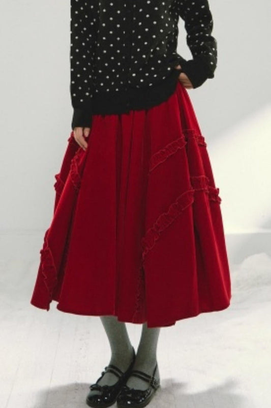 Velvet Ruffled Floral Skirt
