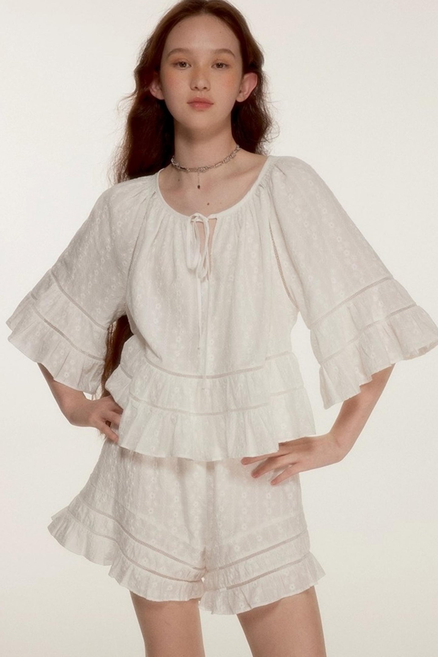 Noisy Flowers Embroidered Shirt Shorts Set-Up