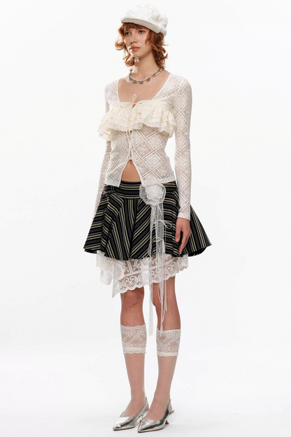 Beige, transparent Strickjacke mit Spitze