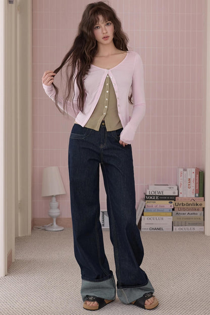 Retro Fashionable Sweet Cuffed Wide-leg Jeans