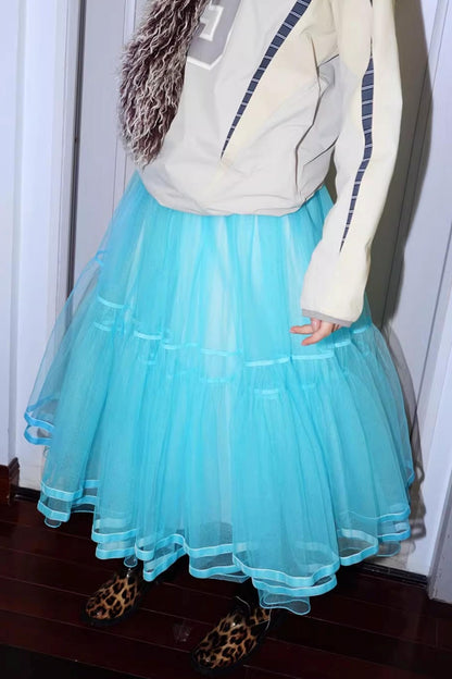 Autumn Mesh Puffy Long Skirt