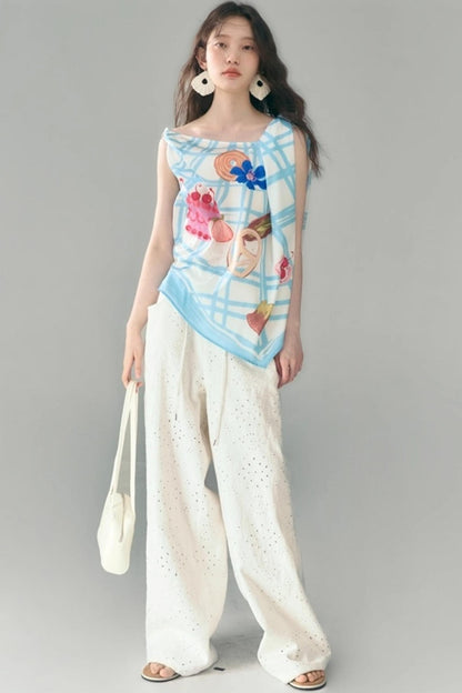 Square Plaid Print Satin Skirt Set-Up