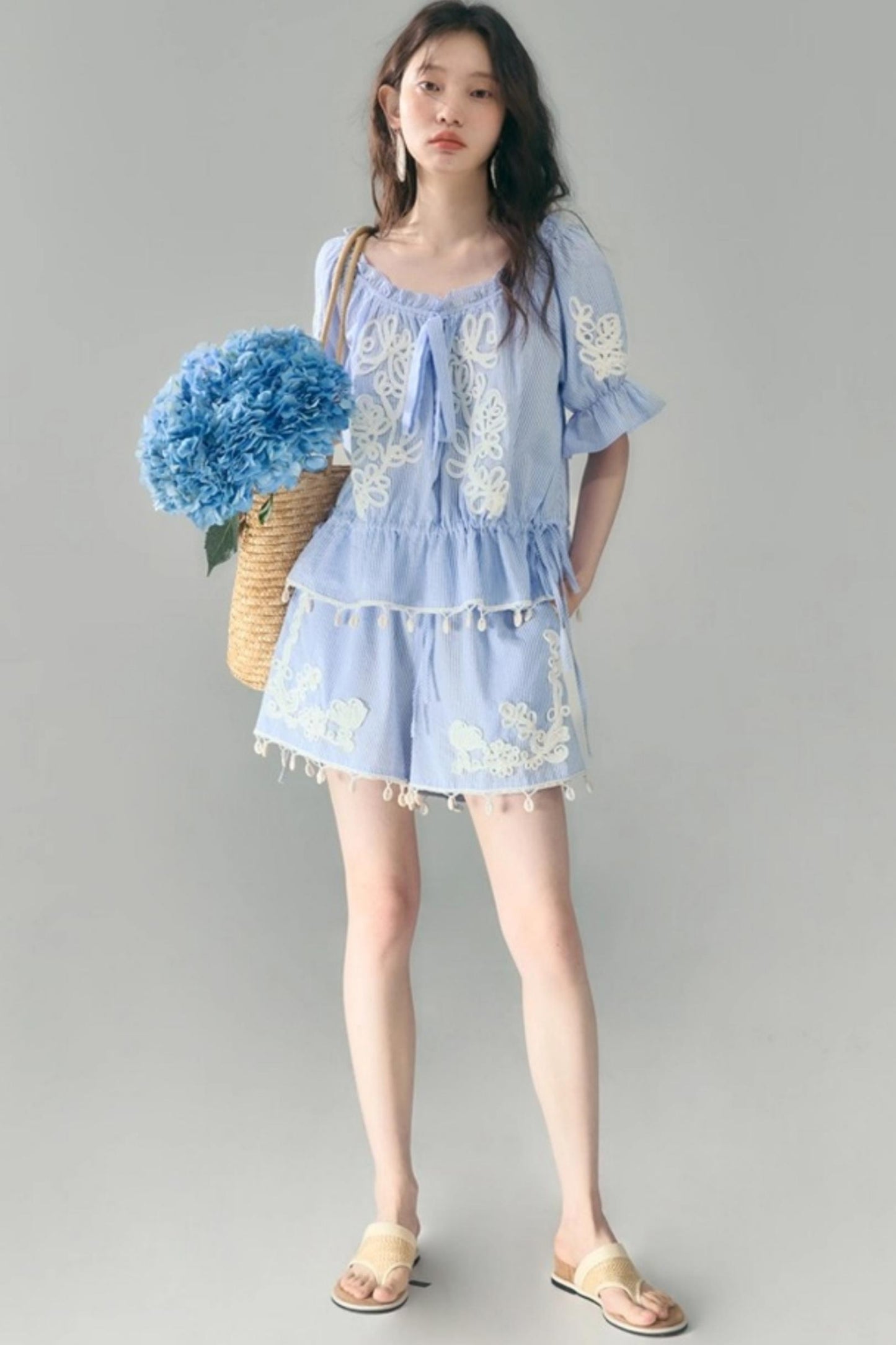 Island Flower Vine Striped Short Sleeve Top Shorts Set-Up