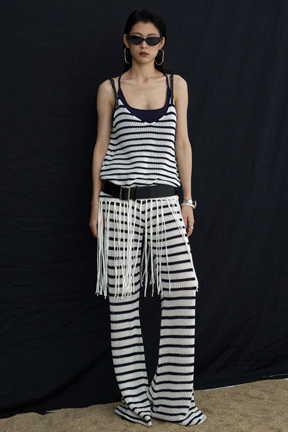 Summer Jacquard V-Neck Leather Hem Vest