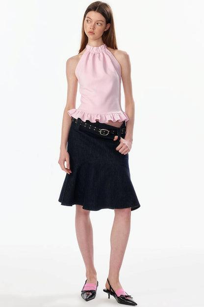 Ruffle Hem Halter Backless Top