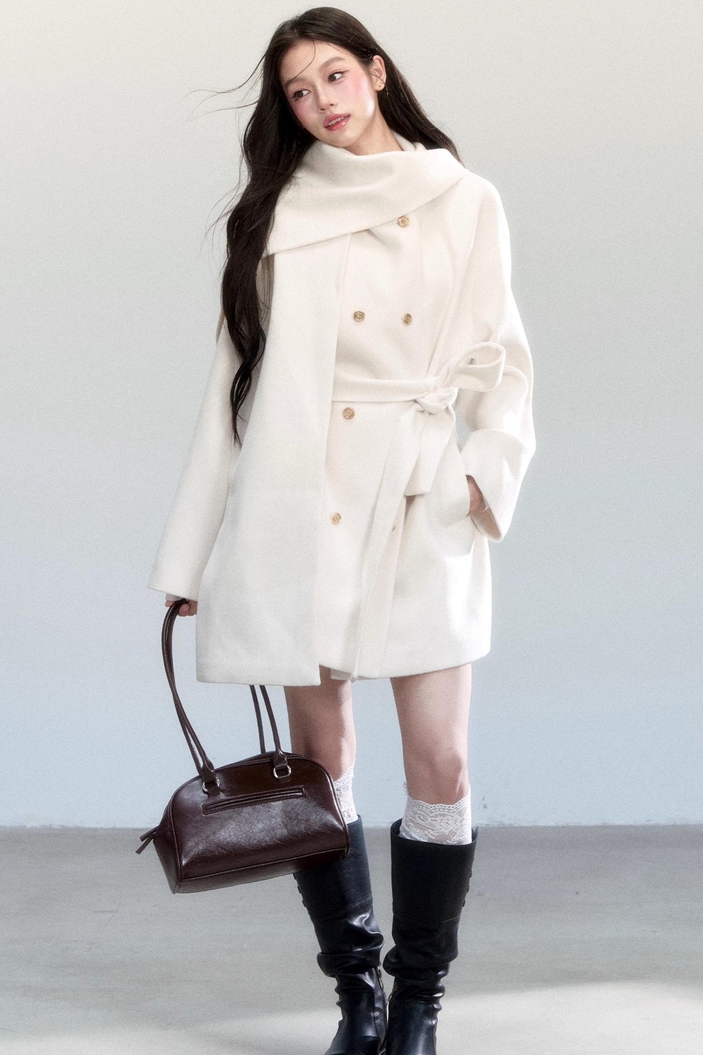 White Lace-Up Woolen Jacket