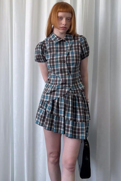 Blue Plaid Two-Piece Top Skirt Set-Up