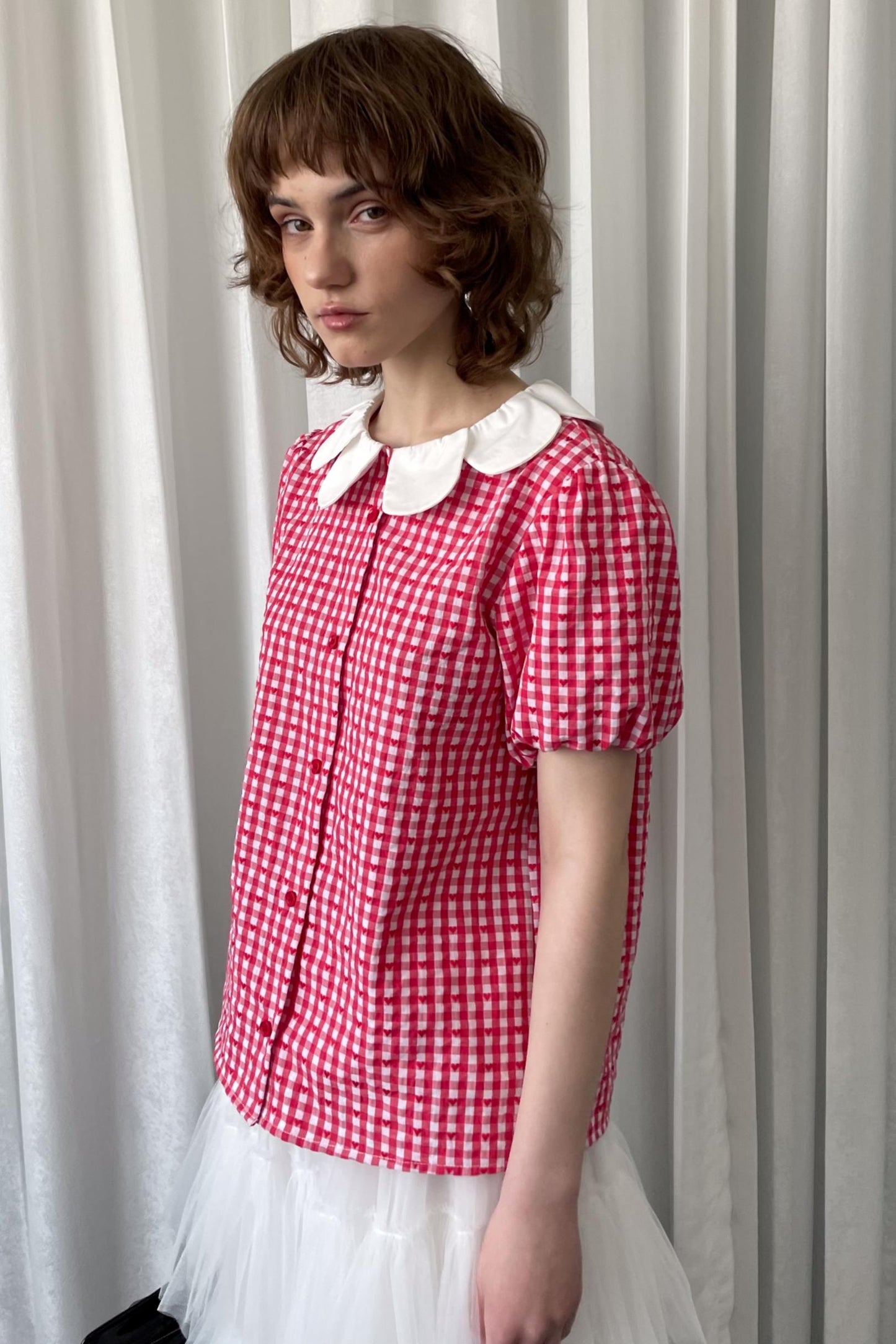 Red Plaid Lantern Sleeve Shirt