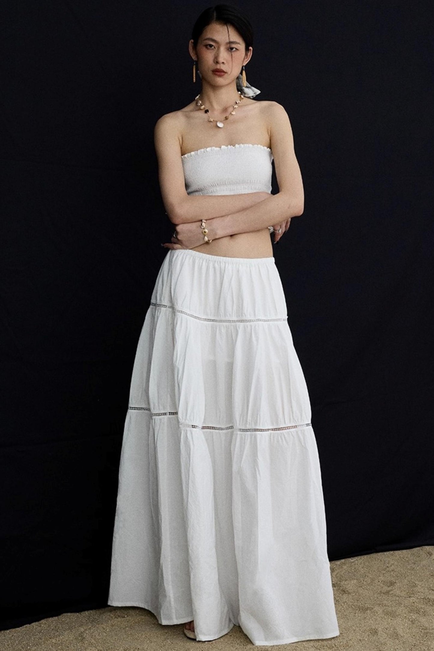 Elasticated White Long Skirt