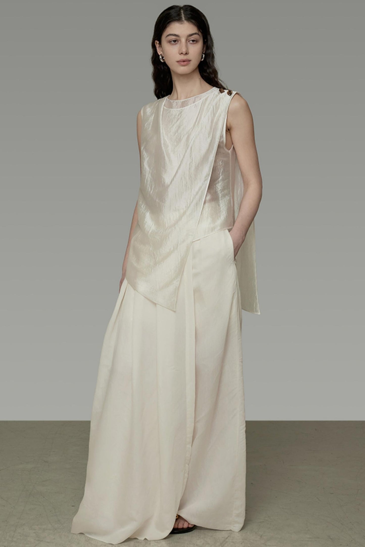 Draped Asymmetric Wide-Leg Trousers