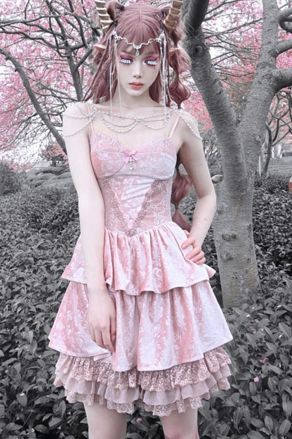 Gothic Lotus Root Pink Strap Dress Set-Up