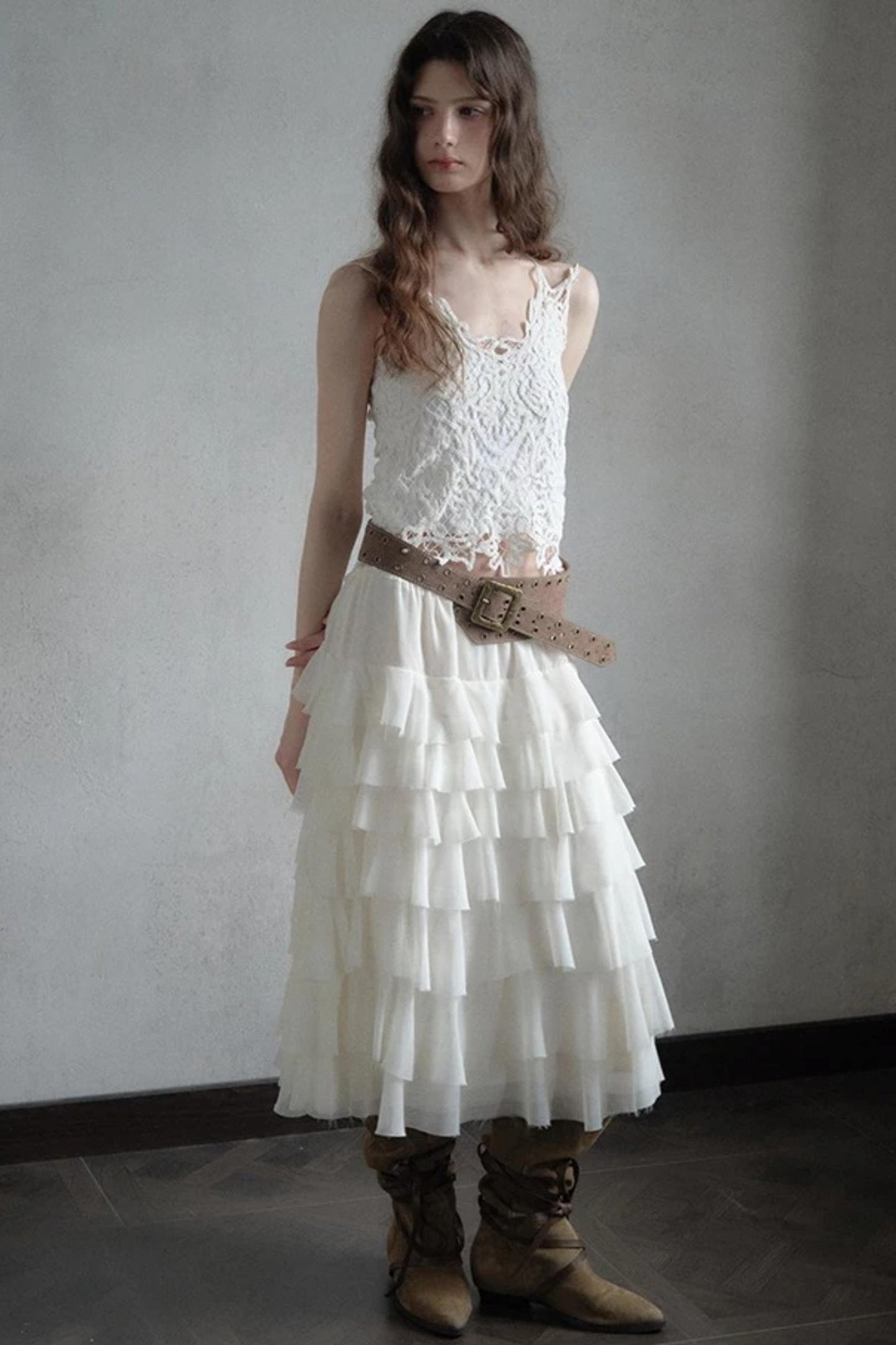 Embellished Lace Vest and Ruffle Skirt Set-Up