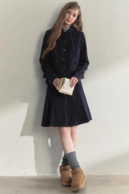 Vintage Denim Pleated Jacket Set-Up