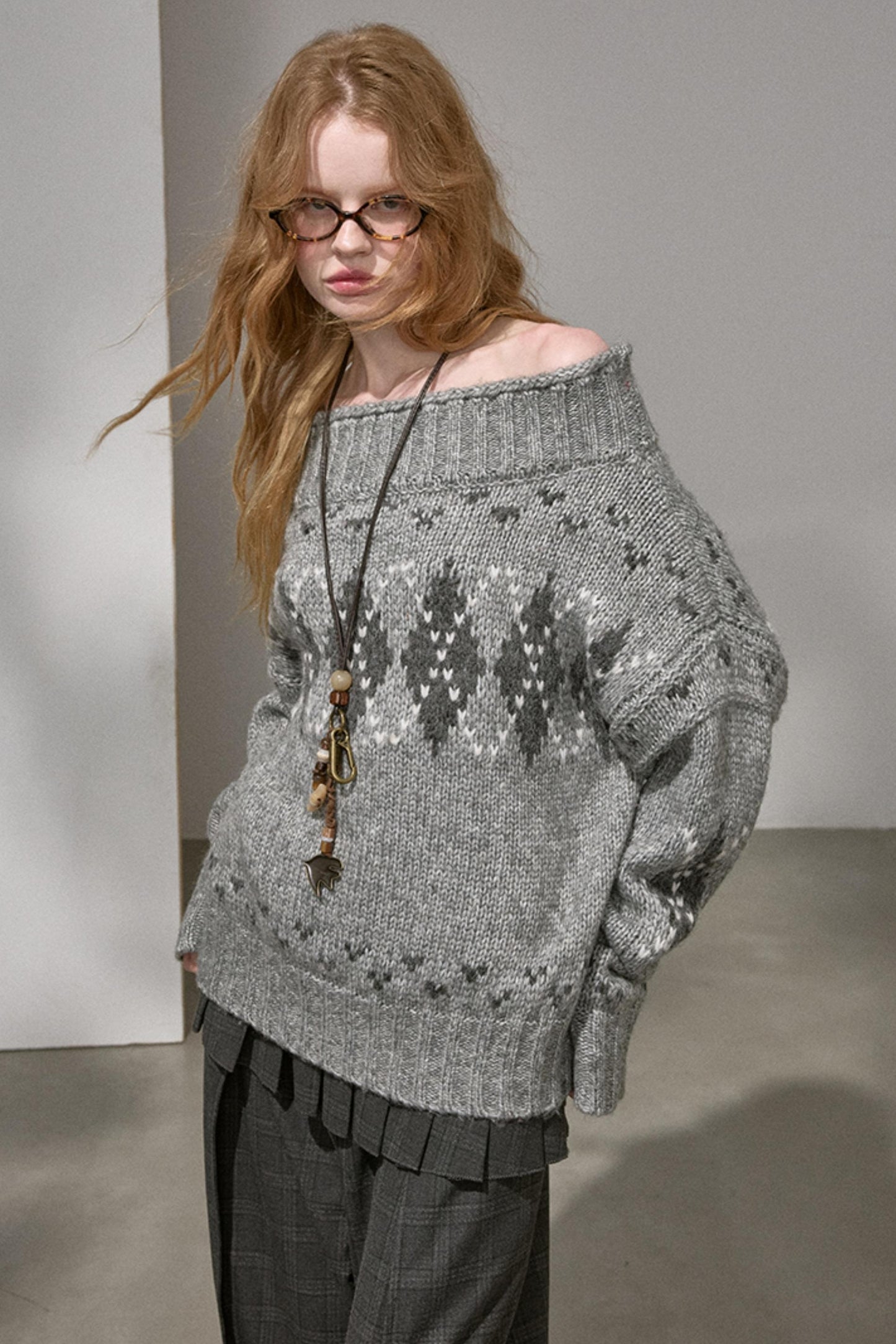 Thick Knit Argyle Off-Shoulder Top