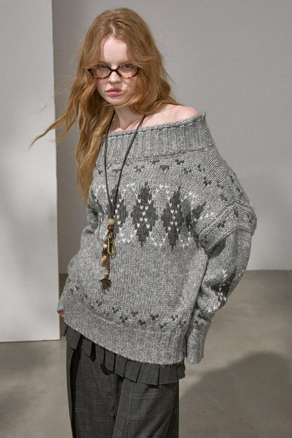 Thick Knit Argyle Off-Shoulder Top