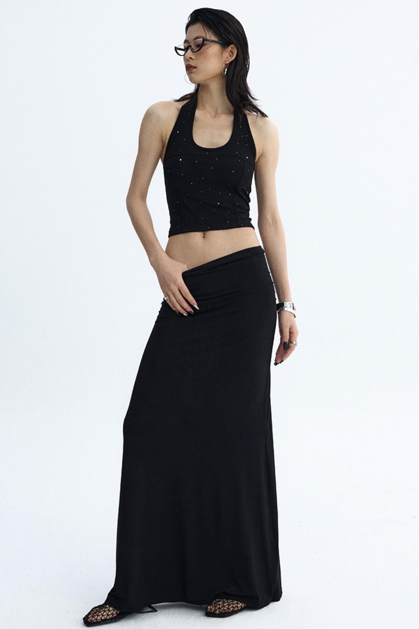 Black Draped Maxi Skirt