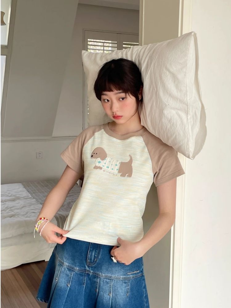 Embroidery Shoulder Sleeve Slim Short Top T-Shirt