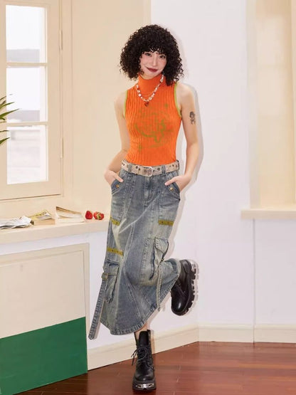 Workwear denim mid-length bustier skirts