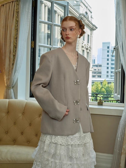 V-Neck Diamante Button High-Level Coat