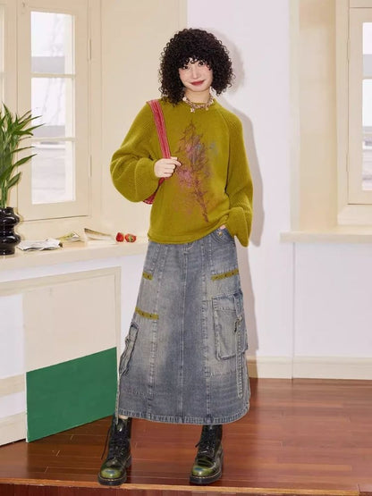 Workwear denim mid-length bustier skirts