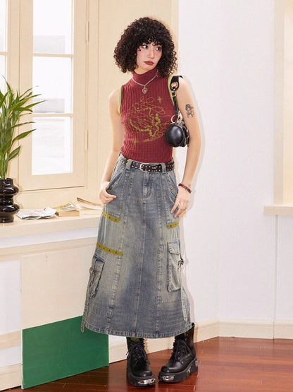 Workwear denim mid-length bustier skirts