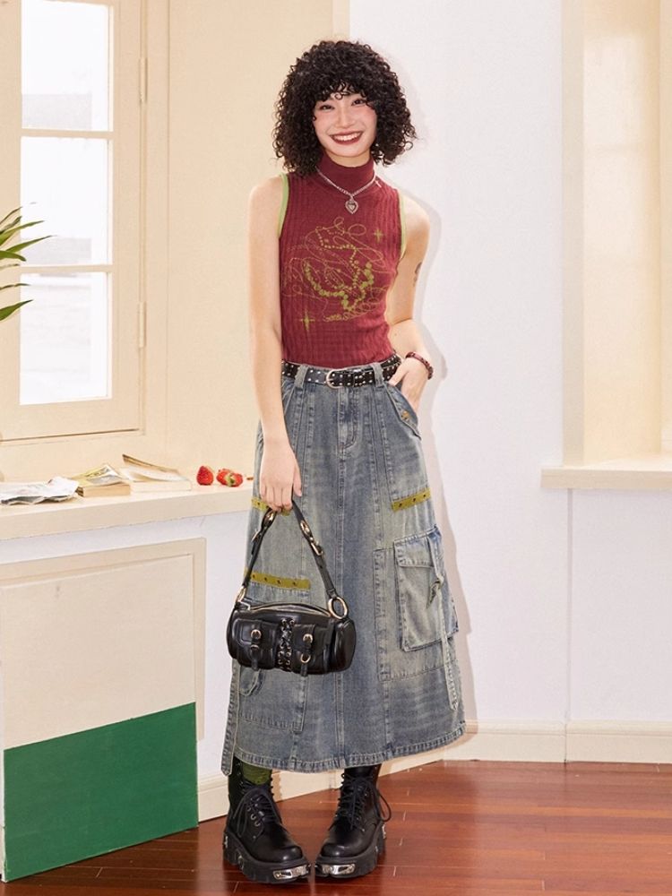 Workwear denim mid-length bustier skirts