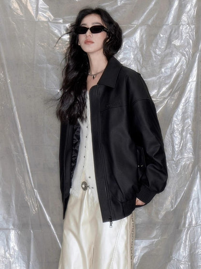 Black Matte Leather Loose Jacket