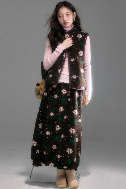 Floral Faux Lamb Wool Vest Jacket Set-Up