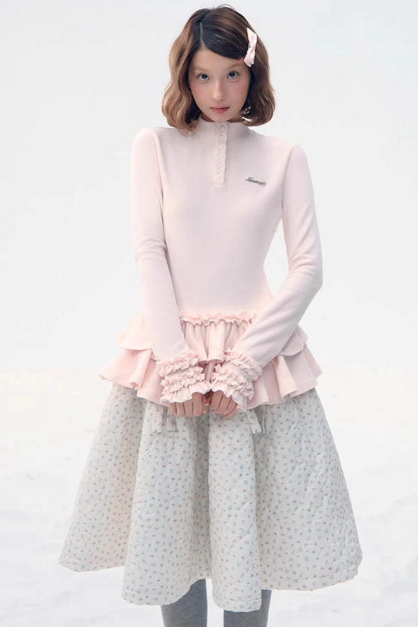 Six-Button Lace Hem Blouse Top