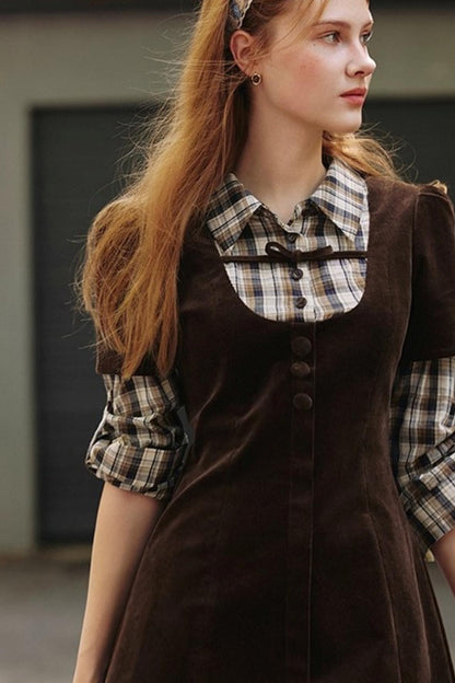 Brown Plaid Corduroy Dress