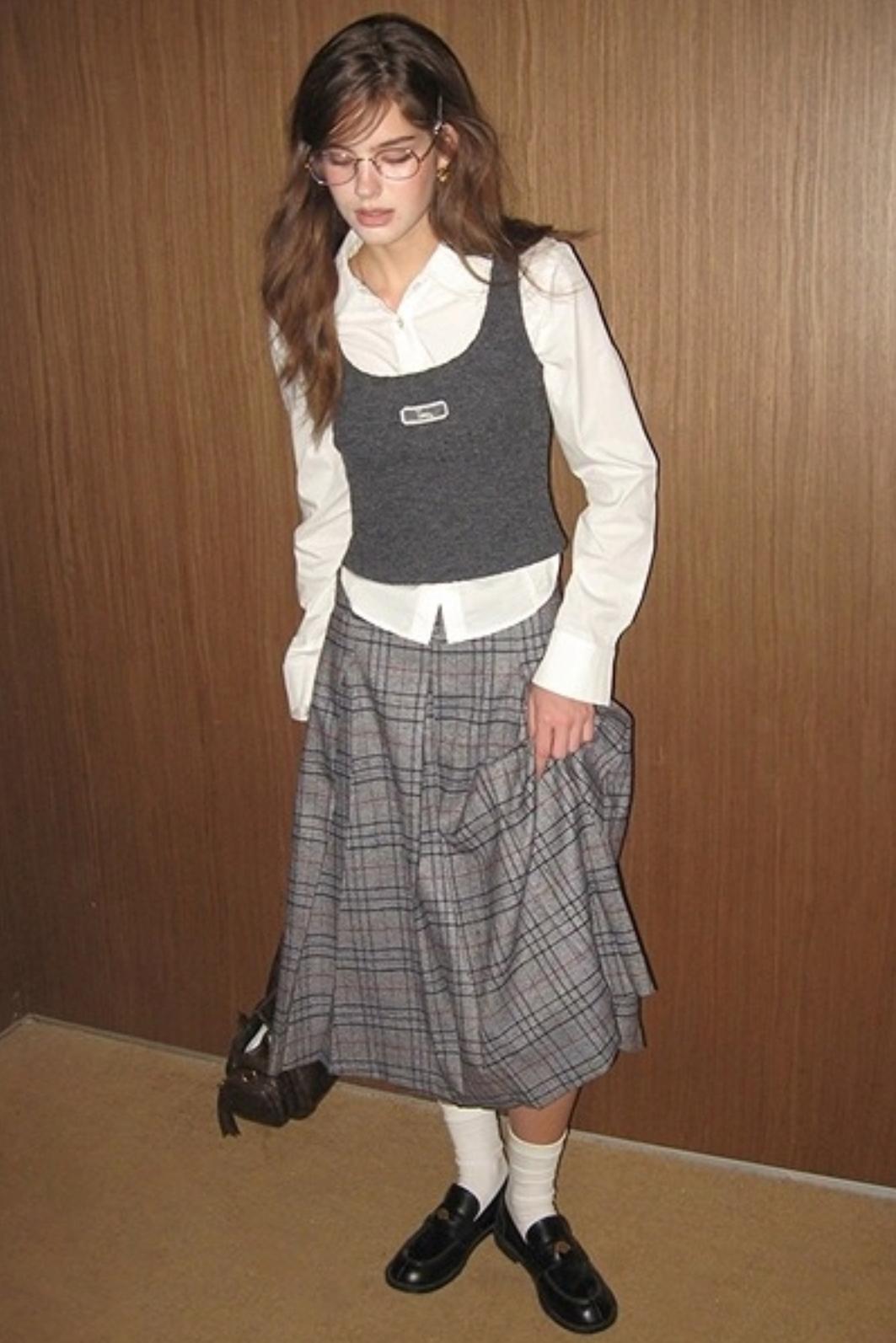 Vintage Gray Plaid Midi Pleated Skirt